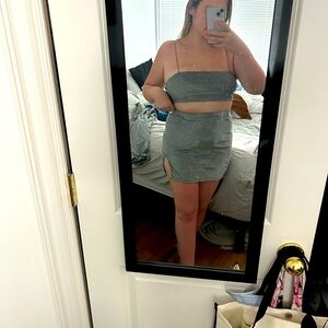 Dark grey sparkly crop top and skirt “disco” set. Size L.